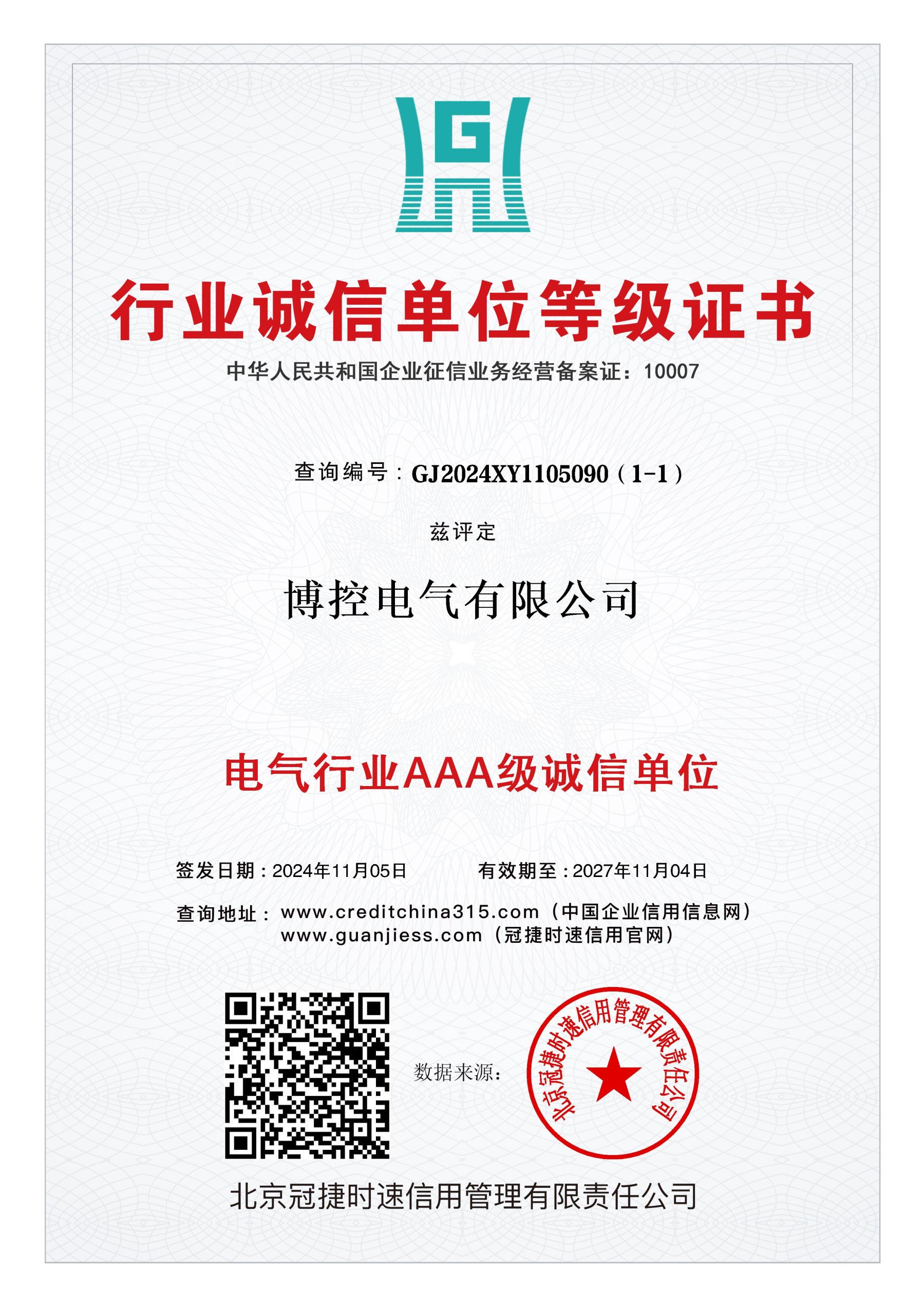行业诚信单元品级证书
